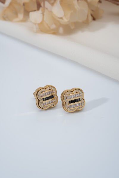 Gold Taşlı Siyah Şerit Küpe