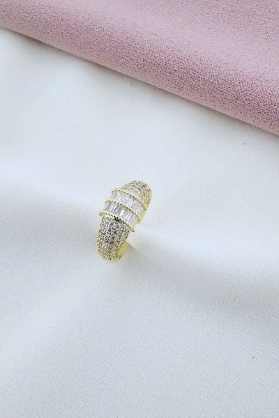 Gold Çok Sıralı Taşlı Çelik Yüzük