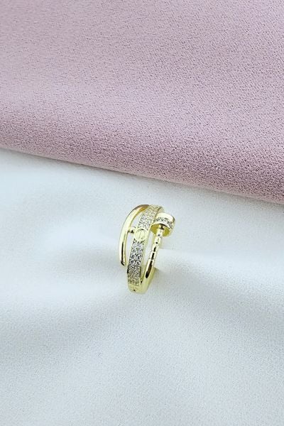 Gold Taşlı Çift Sıra Çelik Yüzük