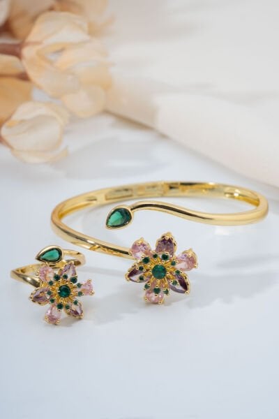 Gold Renkli Çiçekli Kelepçe Yüzük Seti
