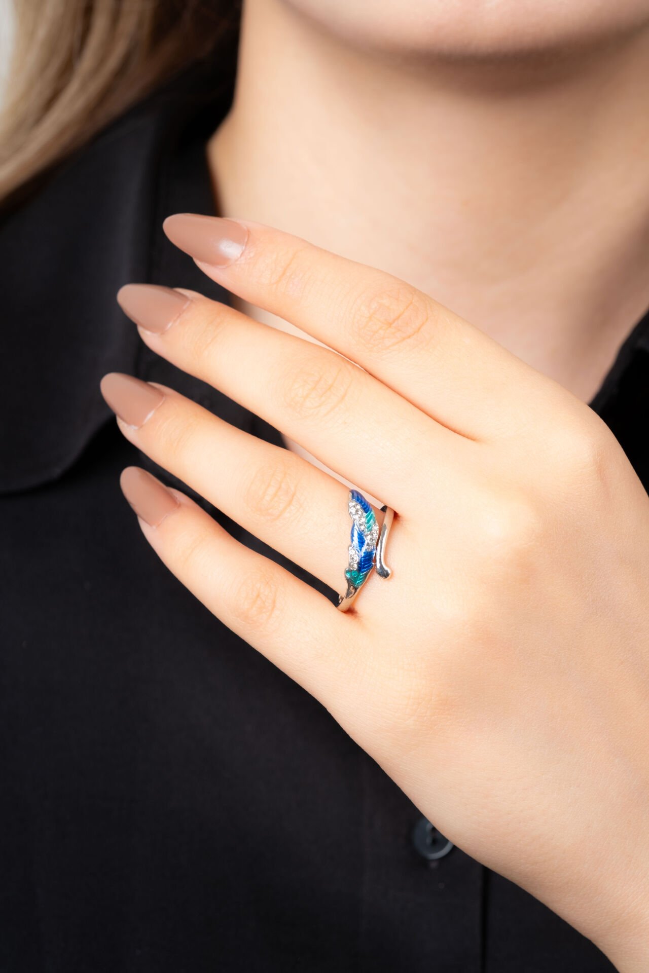 Silver Mavi Yeşil Tüy Detaylı Yüzük