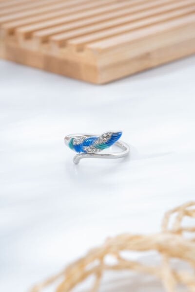 Silver Mavi Yeşil Tüy Detaylı Yüzük