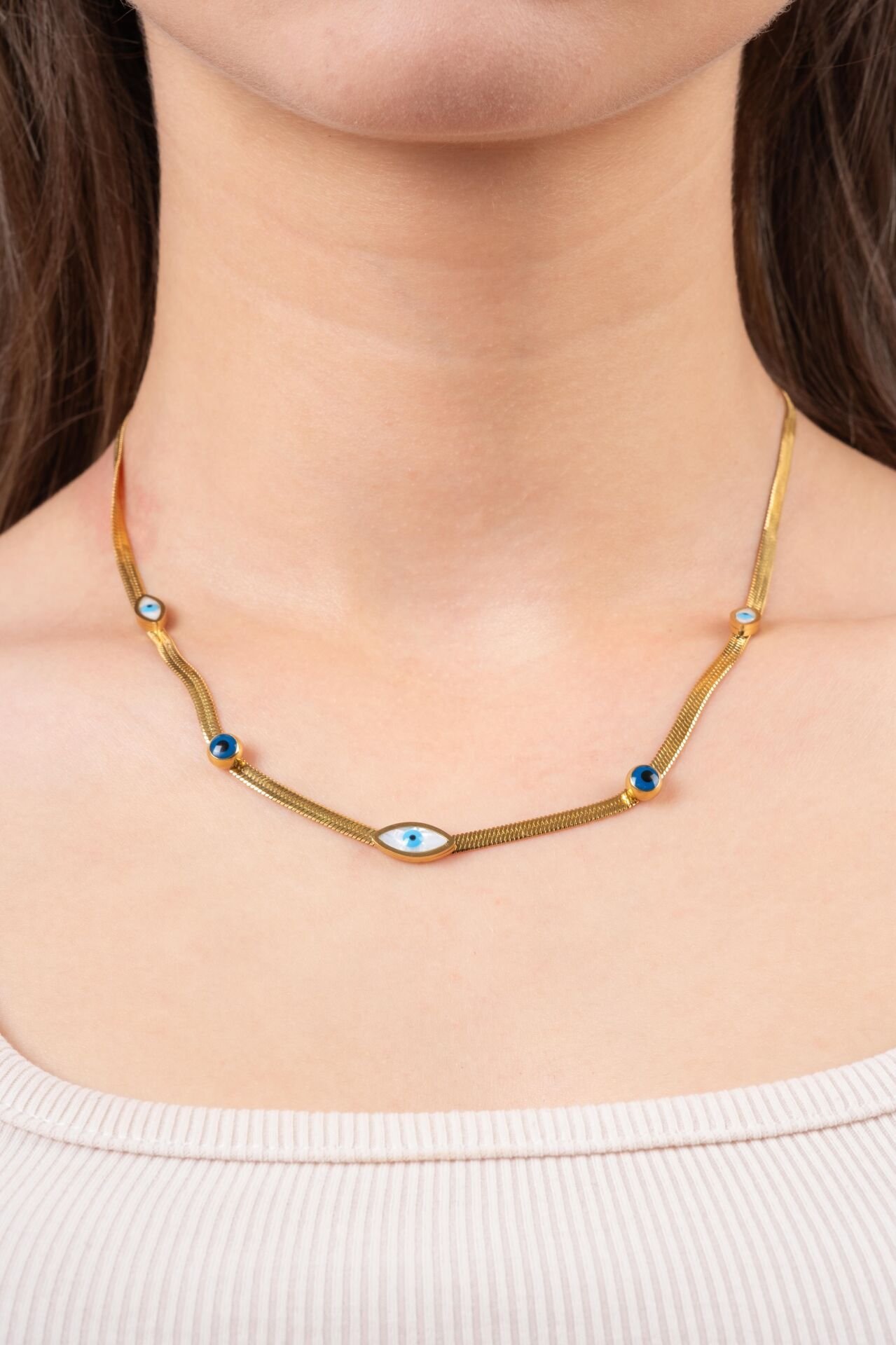 Gold İtalyan Zincir Üzeri Nazar Boncuklu Kolye