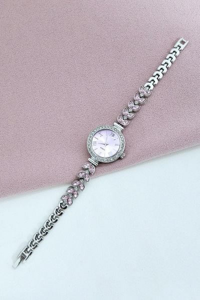 Pembe Yaprak Taş Detaylı Gümüş Kadın Kol Saati