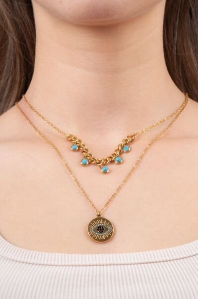 Gold Çift Zincirli Mavi Boncuk/Nazar Uçlu Kolye