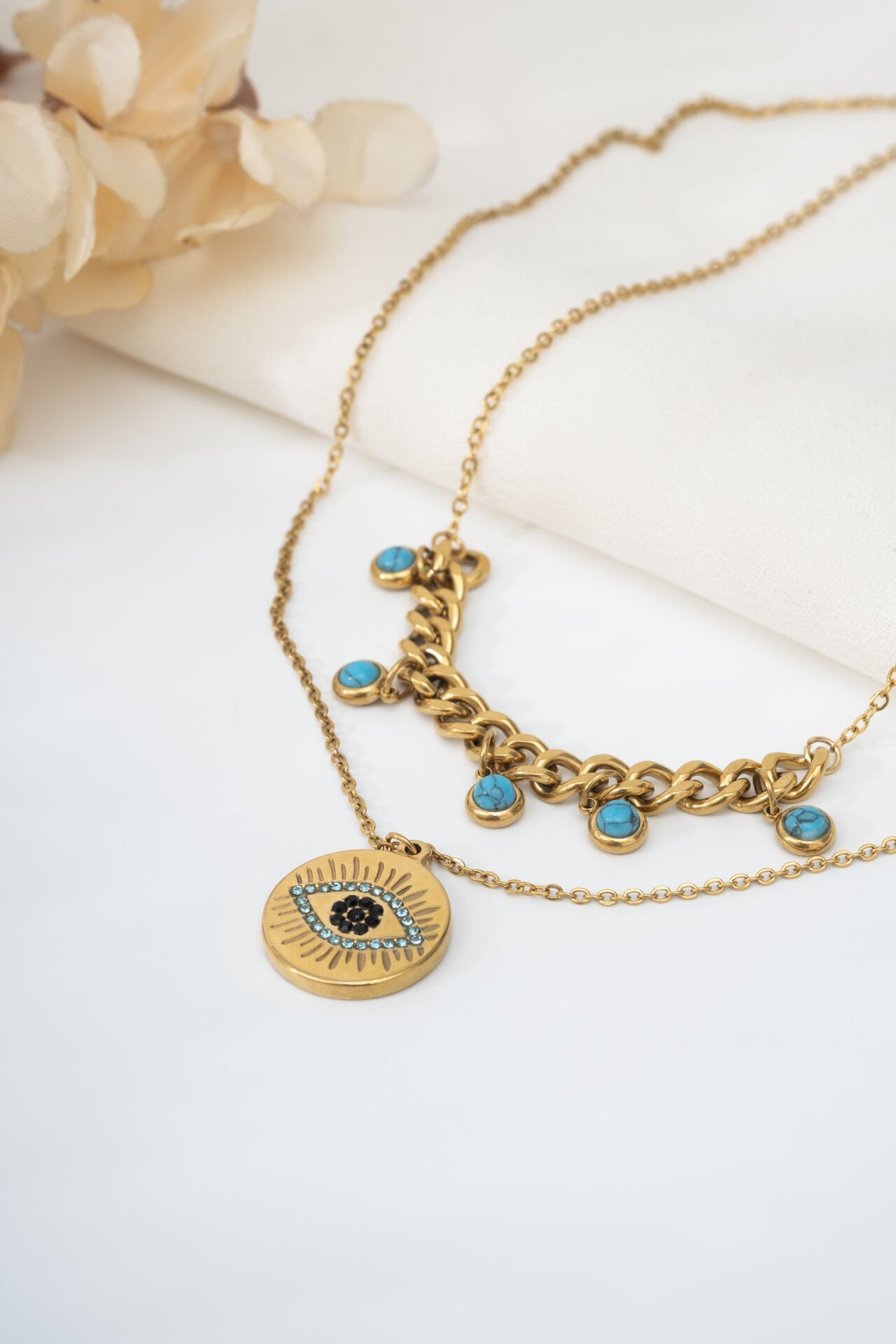 Gold Çift Zincirli Mavi Boncuk/Nazar Uçlu Kolye