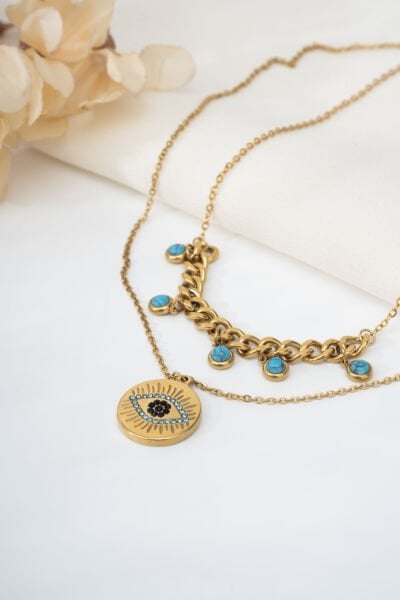 Gold Çift Zincirli Mavi Boncuk/Nazar Uçlu Kolye