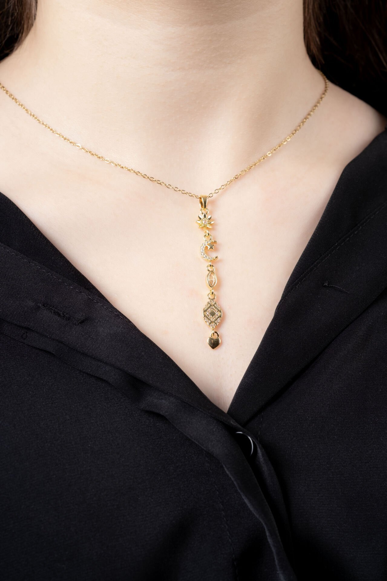 Gold Ay Yıldız Y Kolye