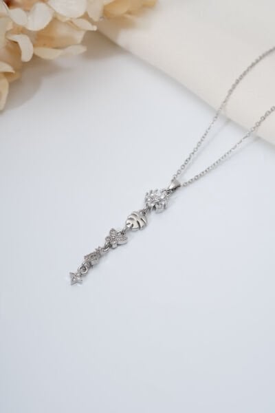 Silver Cam Çiçek Yaprak Motif Y Kolye