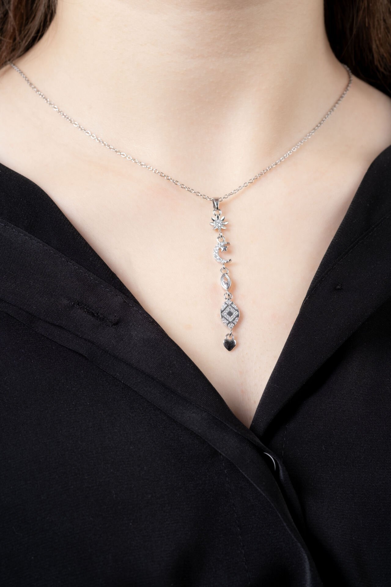 Silver Güneş Ay Motif Kolye