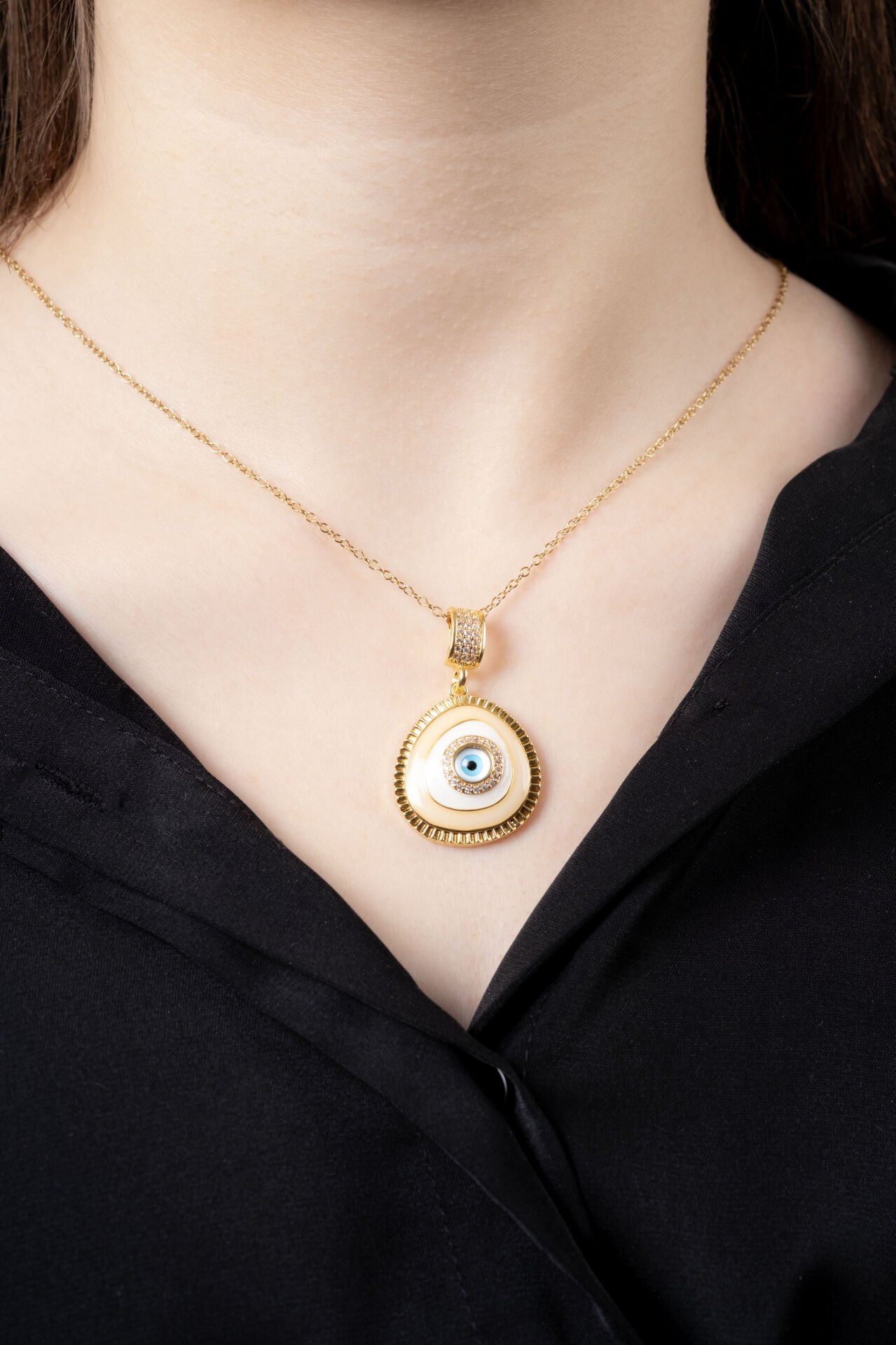 Gold Krem Damla Nazar Kolye