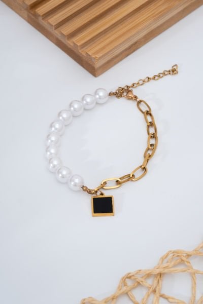 Çelik Siyah Sedef Taşlı İnci Bileklik