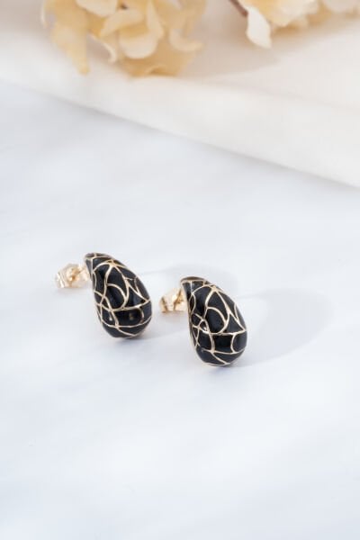 Siyah Mermer Desen Damla Küpe