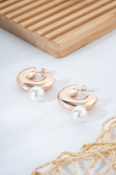 Kadın Rose Renk İnci Detaylı Bombeli VİP Küpe