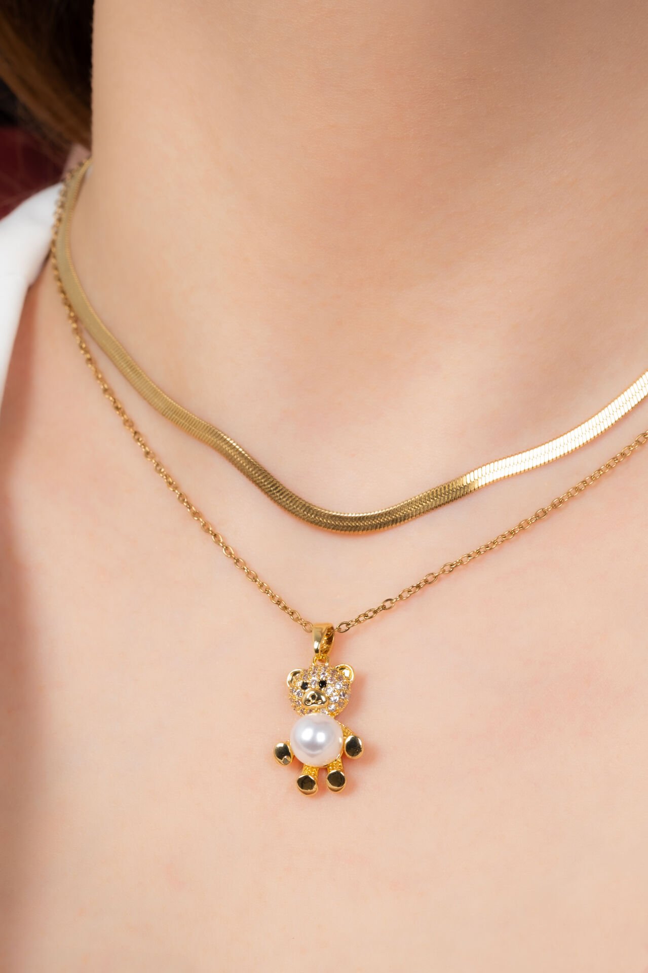 Ayıcık Figürlü İnci Detaylı Çift Zincirli Kolye