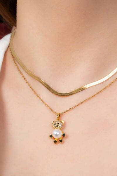 Ayıcık Figürlü İnci Detaylı Çift Zincirli Kolye