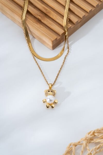 Ayıcık Figürlü İnci Detaylı Çift Zincirli Kolye