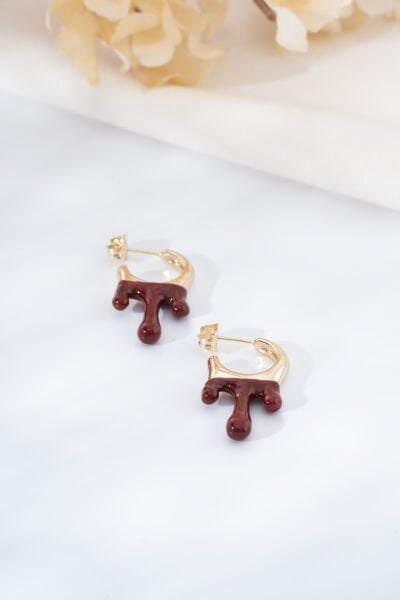 Gold ve Bordo Detaylı Küpe