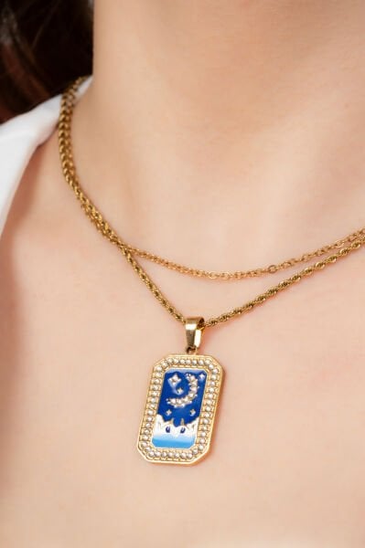 Ay Yıldız Motifli Lacivert Dikdörtgen Taşlı Kadın