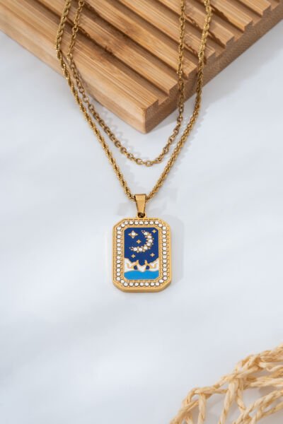 Ay Yıldız Motifli Lacivert Dikdörtgen Taşlı Kadın