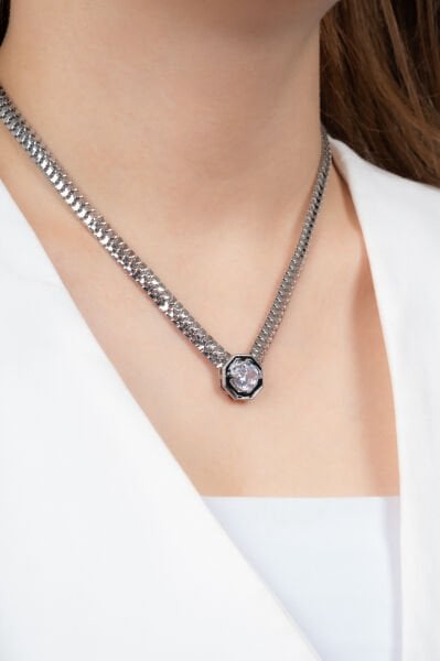 Geniş Gümüş Zincirli Büyük Taş Detaylı Modern Kadın VIP Kolye