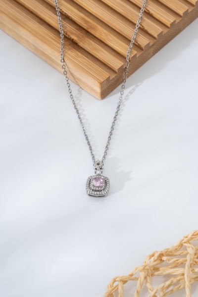 Çelik Pembe Taşlı Kolye