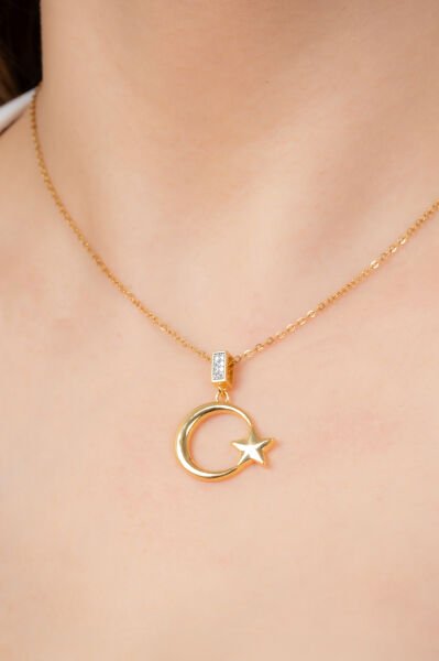 Hilal ve Yıldız Figürlü Altın Renk Kolye