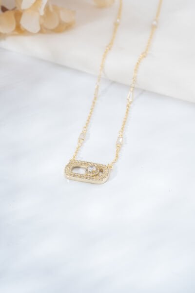 Gold Dikdörtgen Taşlı Kolye
