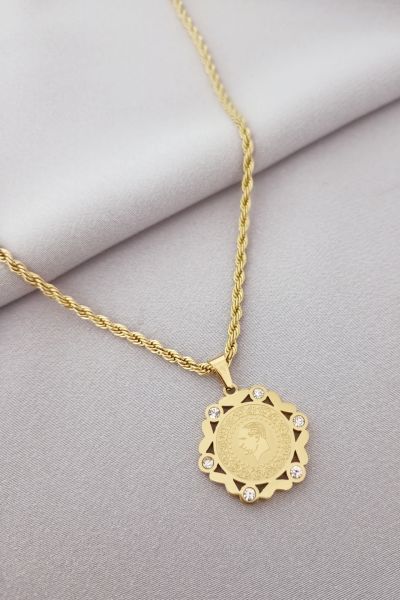 Çelik ata kolye taşlı gold