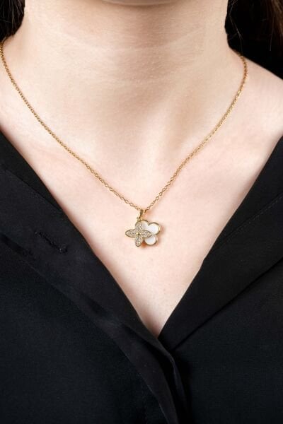 Gold Sedef Yonca Taş Detay Kolye