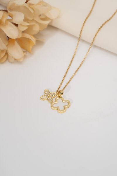 Gold Sedef Yonca Taş Detay Kolye