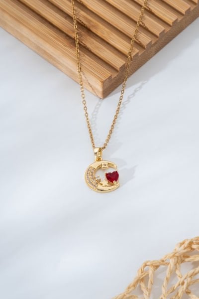 Çelik Ay Kalp Figürlü Kolye