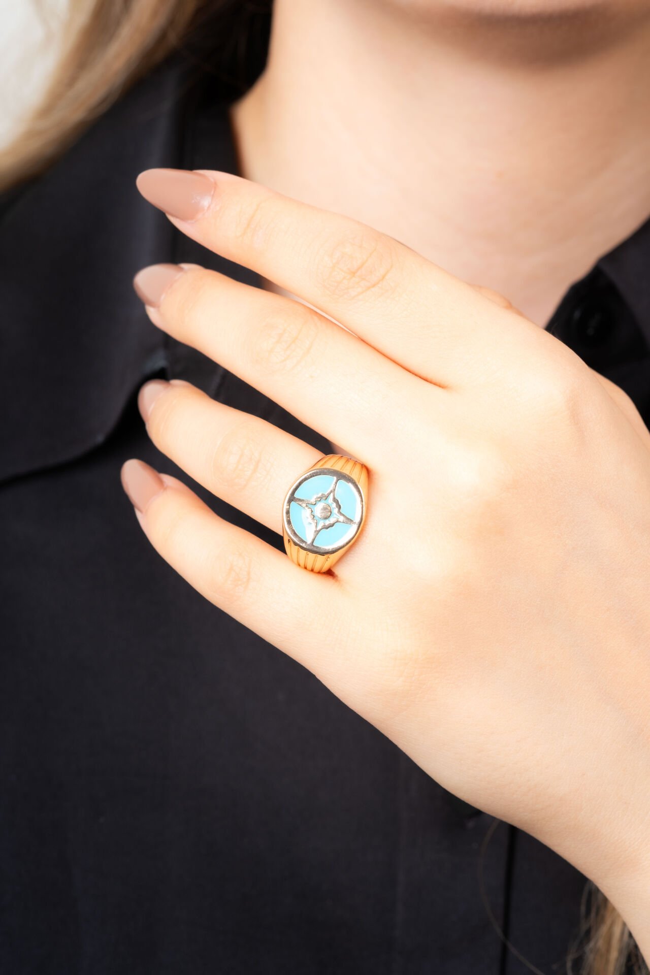 Rose Turkuaz Pusula Desenli Yüzük