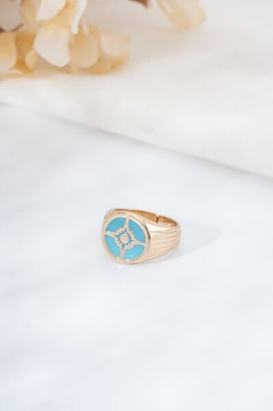 Rose Turkuaz Pusula Desenli Yüzük