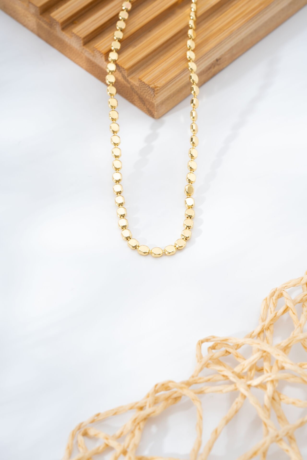 Gold Oval Boncuk Zincir Kolye 60 cm