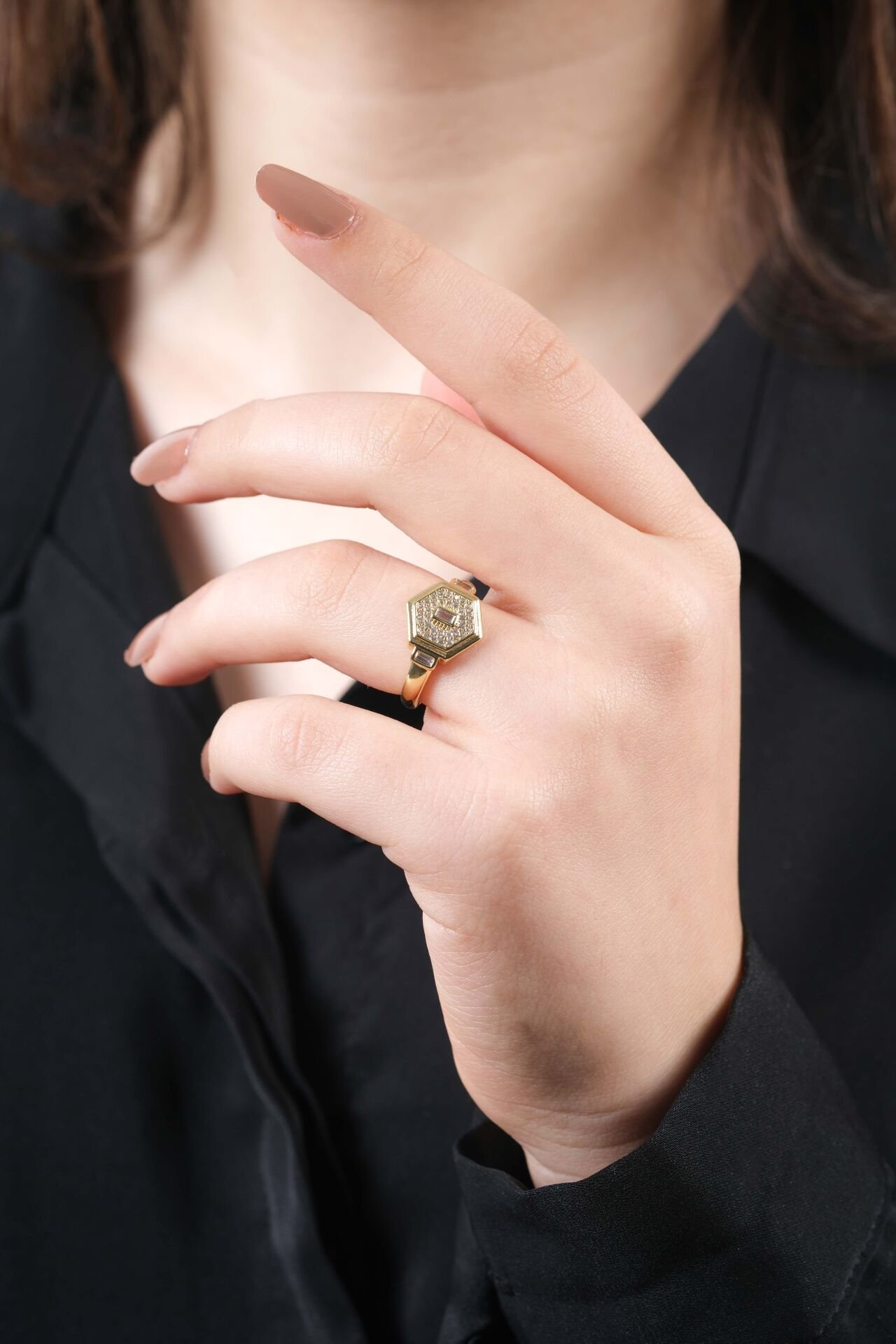 VIP Gold Altıgen Full Taşlı Yüzük