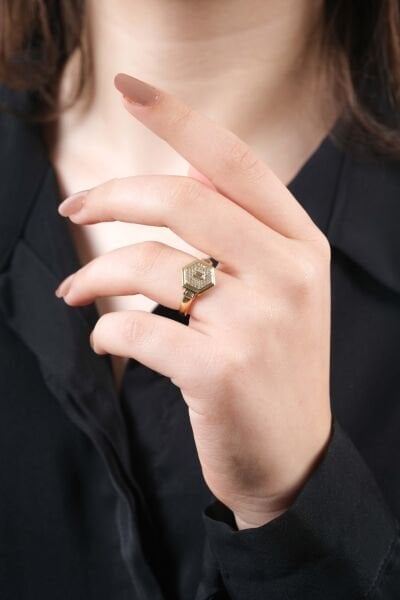 VIP Gold Altıgen Full Taşlı Yüzük