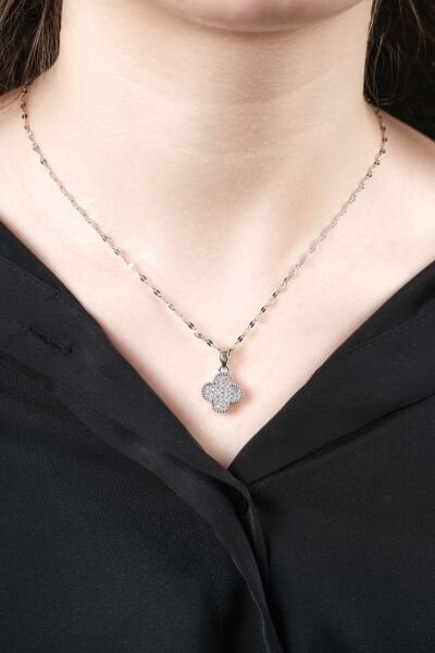 Silver Tek Yonca Uzun Kolye