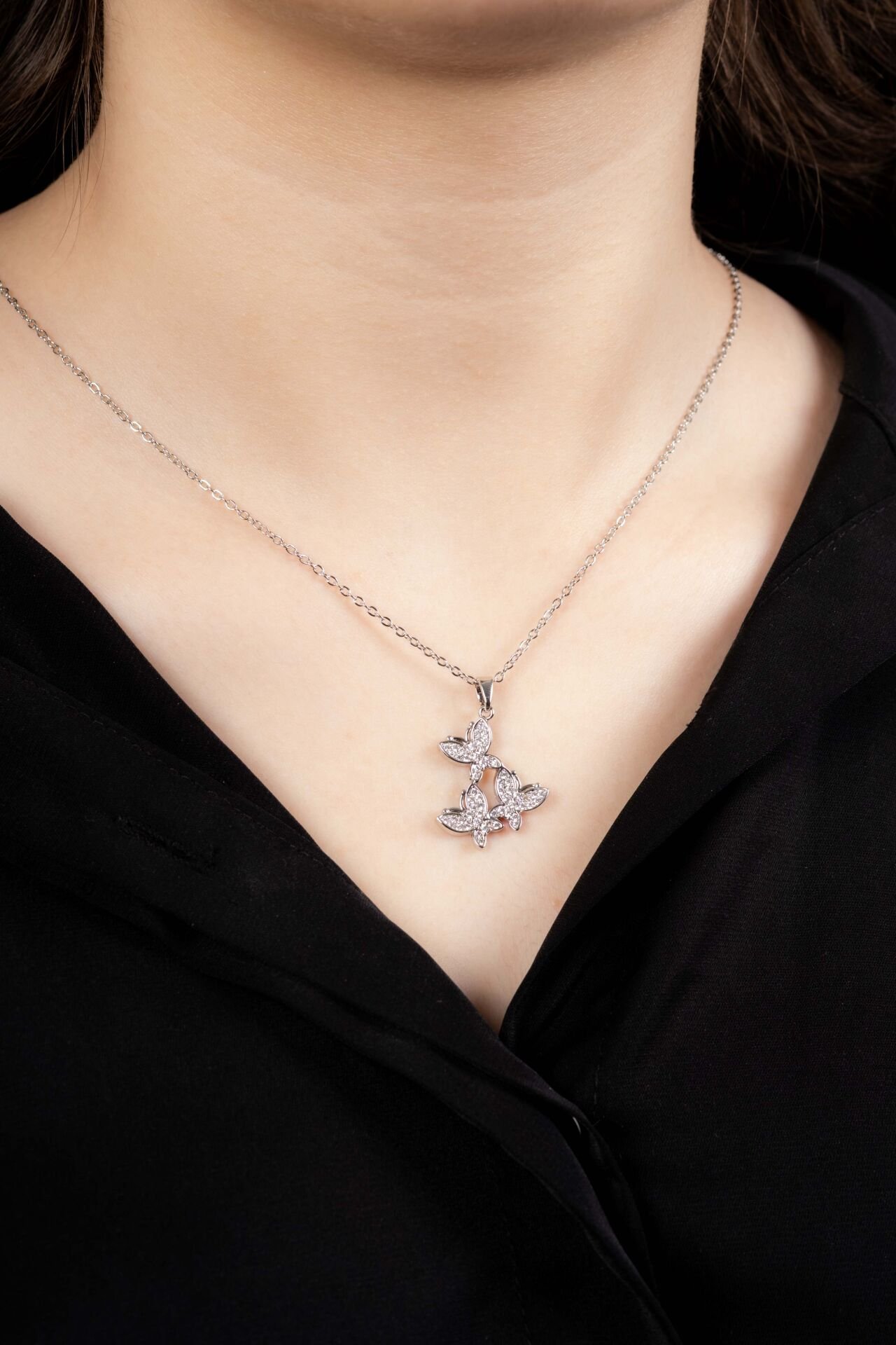 Silver 3'lü Kelebek Uzun Kolye