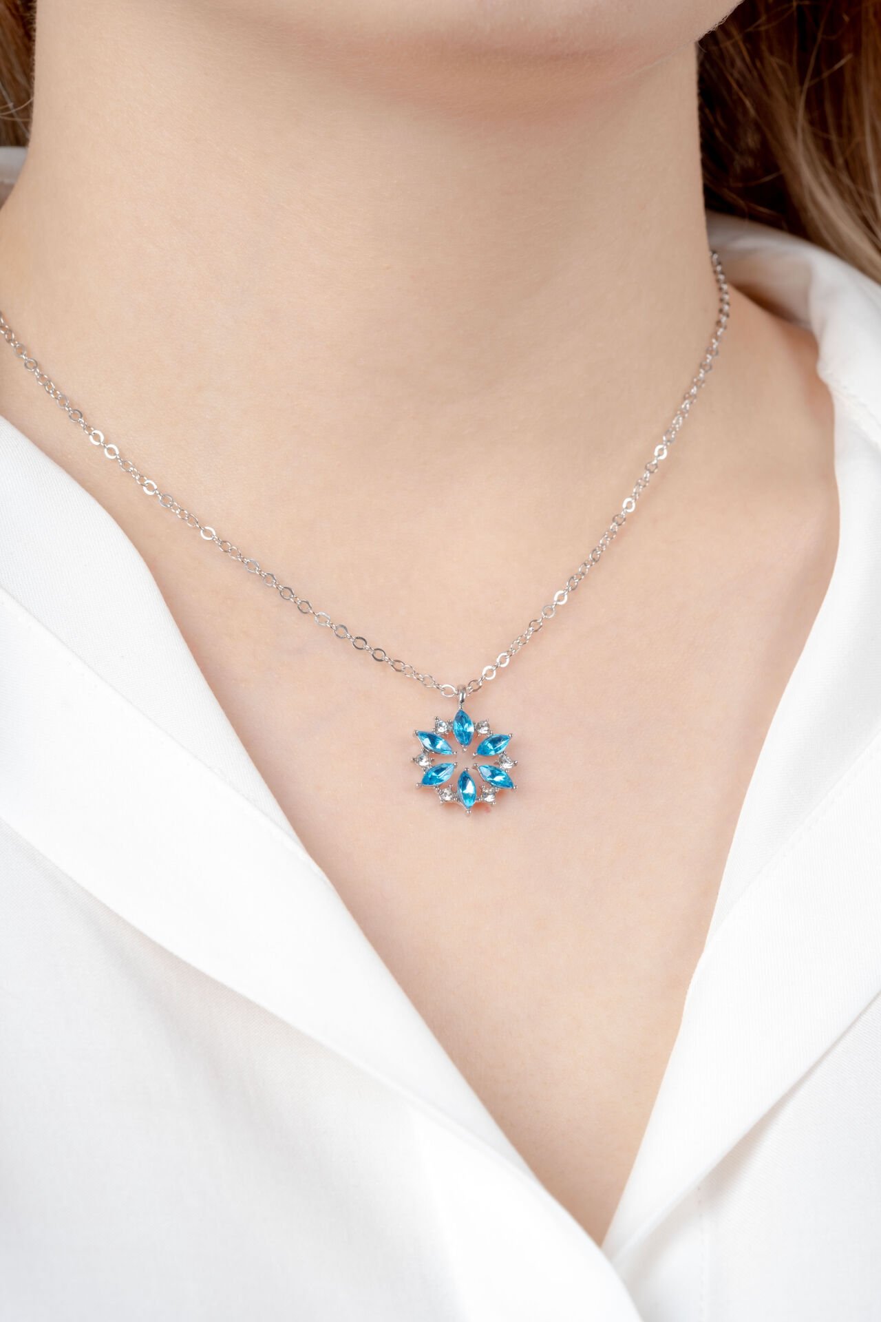 Silver Mavi Çiçek Kolye