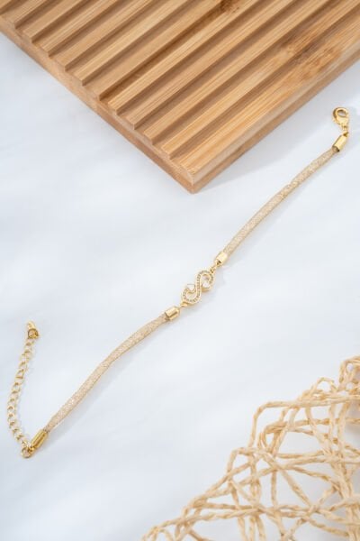 Altın Renk Sonsuzluk Ve Kalp Detaylı Kordon VİP Bileklik