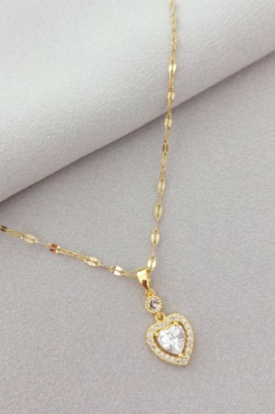 Çelik taşlı kalp kolye gold