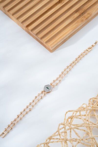 Rose Renk Çift Sıra Zincirli Geometrik Taş Detaylı VİP Bileklik