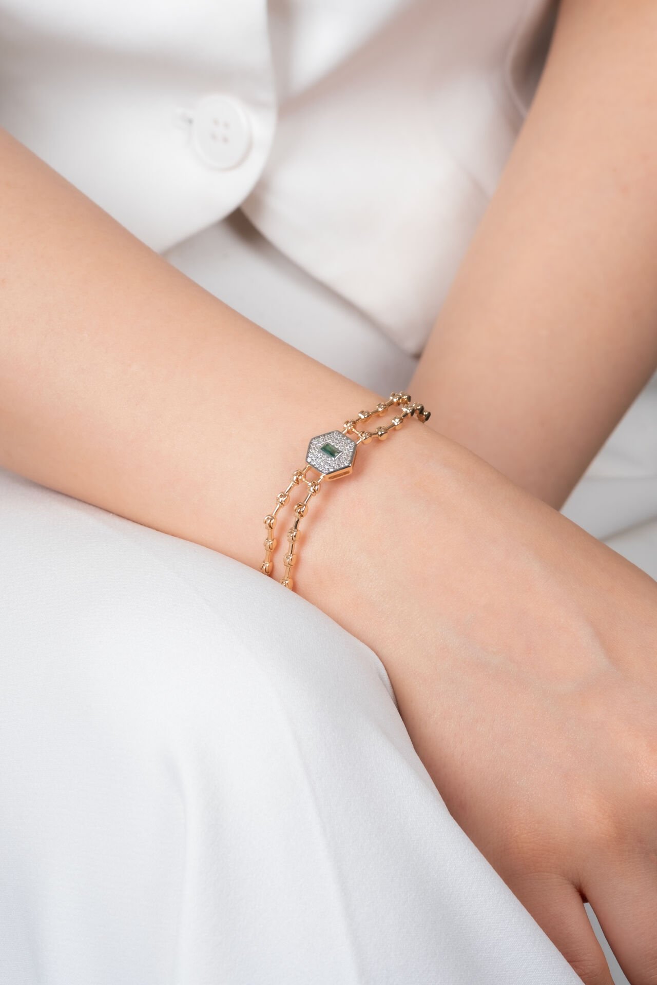 Rose Renk Çift Sıra Zincirli Geometrik Taş Detaylı VİP Bileklik