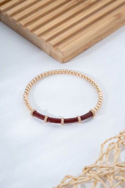 Bordo Detaylı Altın Renk Boncuklu Bileklik