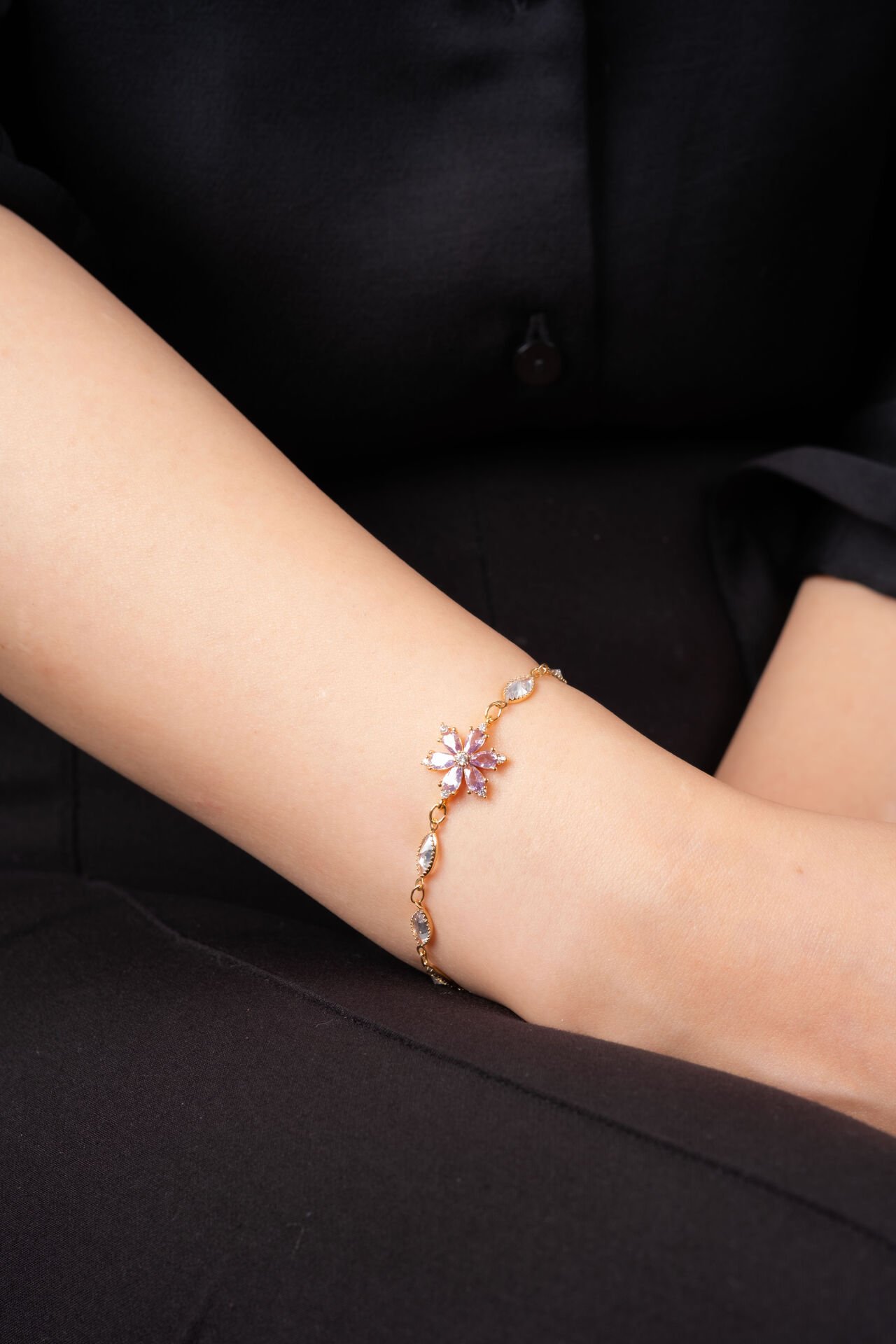 Gold Mor Cam Çiçek Bileklik