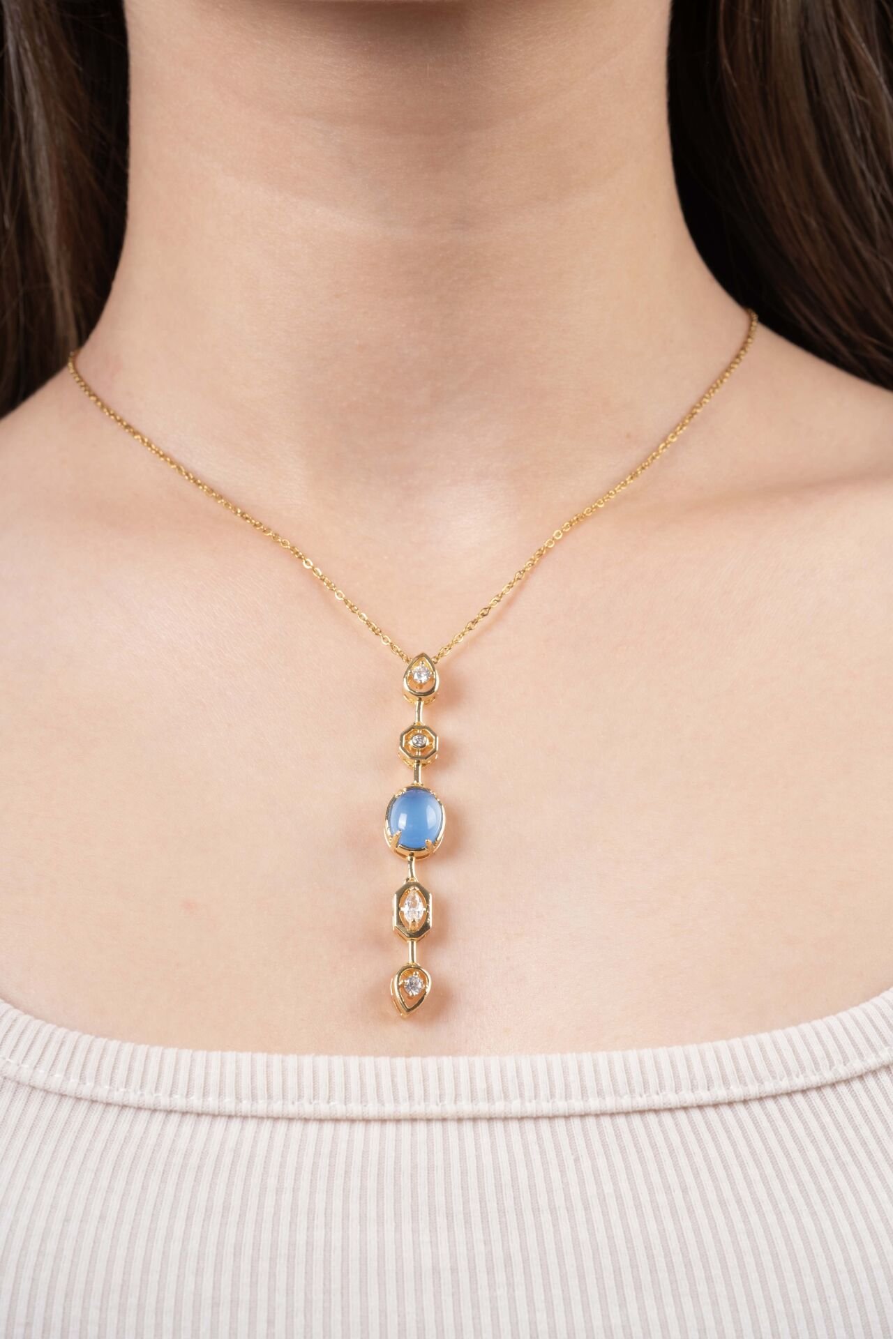 Gold Mavi Taşlı Y Kolye