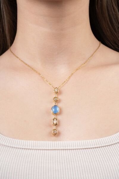 Gold Mavi Taşlı Y Kolye