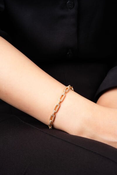 Rose Taş İşlemeli Zincir Model Kelepçe Bileklik