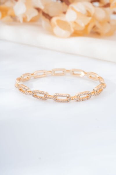 Rose Taş İşlemeli Zincir Model Kelepçe Bileklik